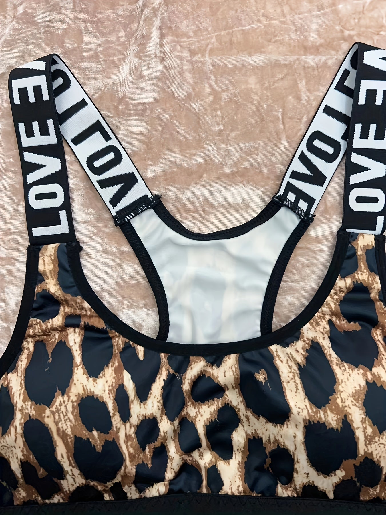 Leopard Print Sports Bra with Letter Tape & Cut-Out Design