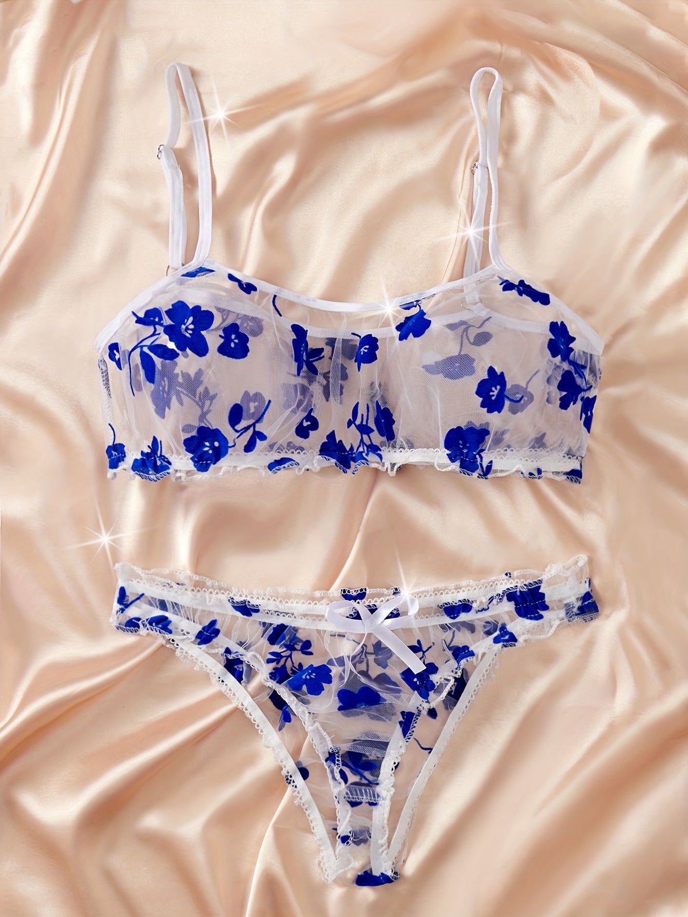 Floral Print Lingerie Set - Sheer Bra & Bow Thong