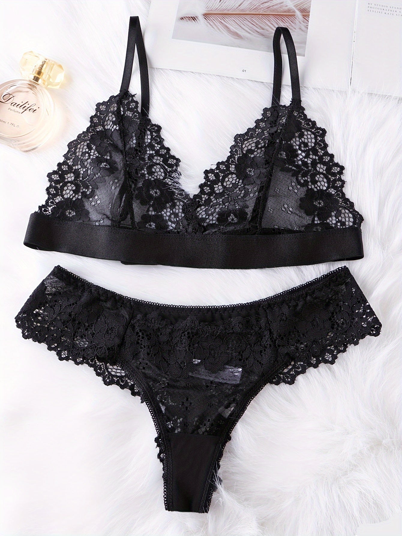 Floral Lace Lingerie Set with Plunge Bra & Elastic Panties