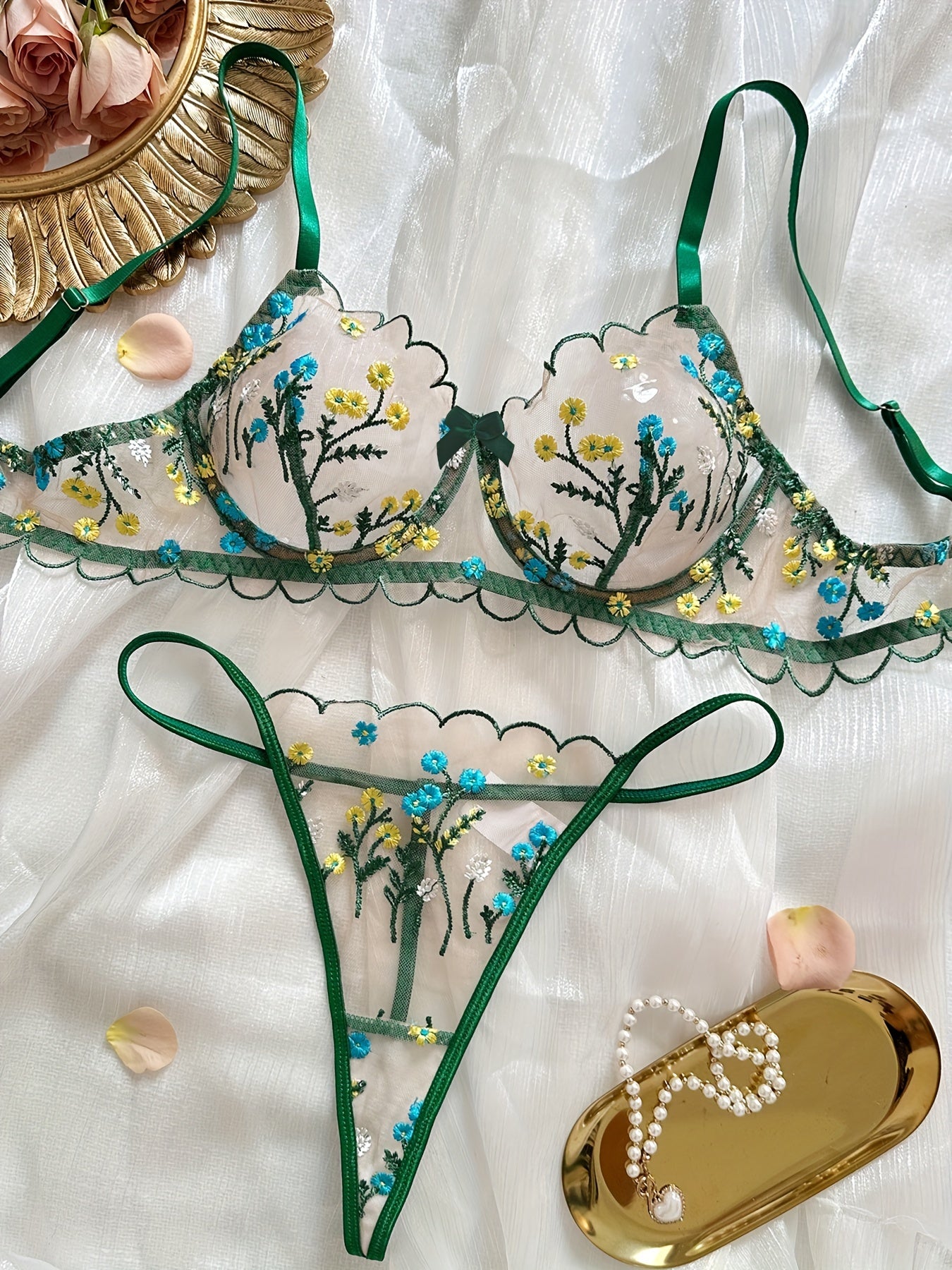 Floral Embroidery Lingerie Set - Unlined Bra & Mesh Thong