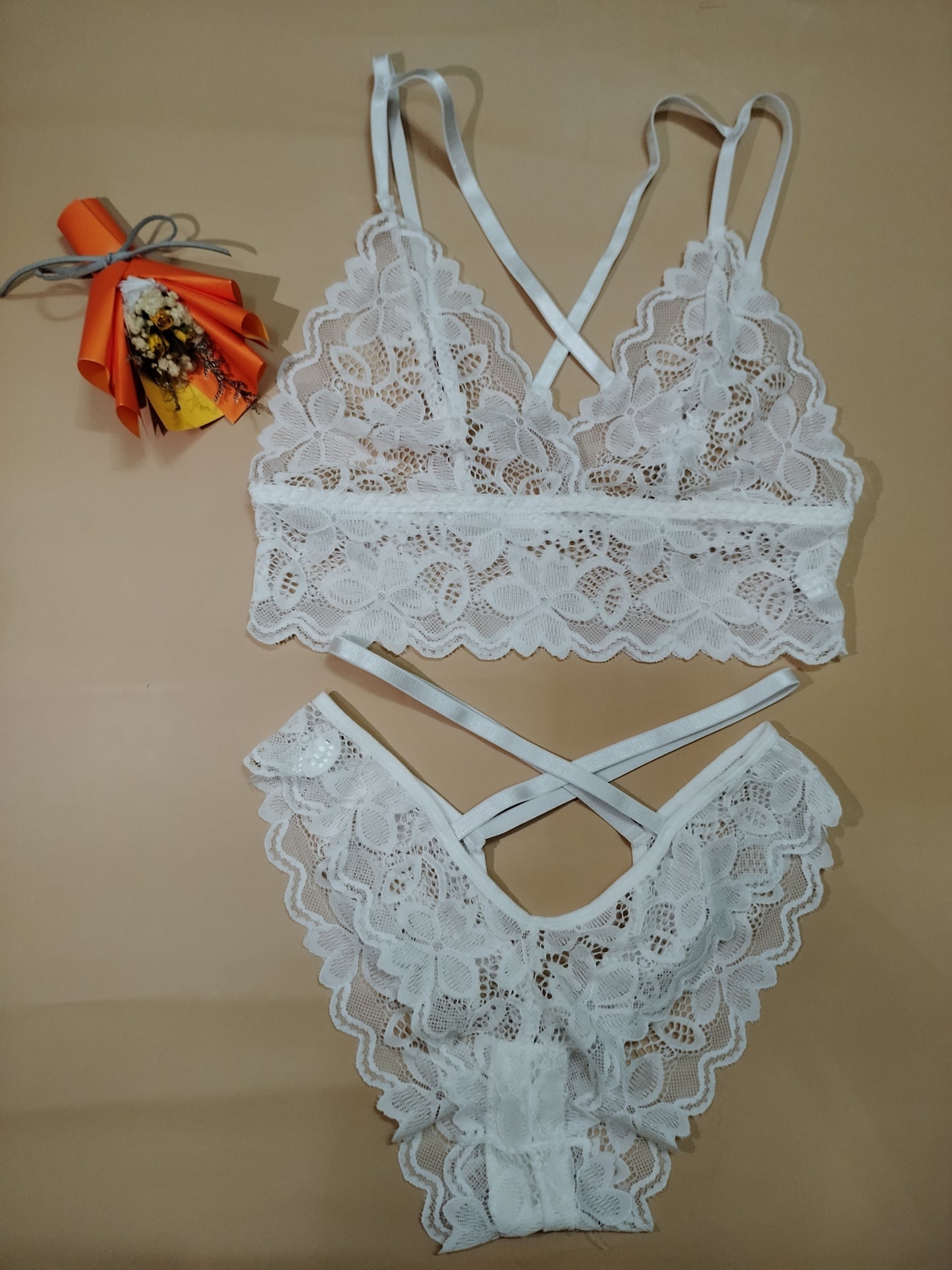 Floral Lace Lingerie Set with Criss Cross Bra & Mesh Panties