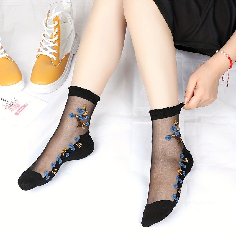 Floral Jacquard Soft & Breathable Socks, 5 Pairs