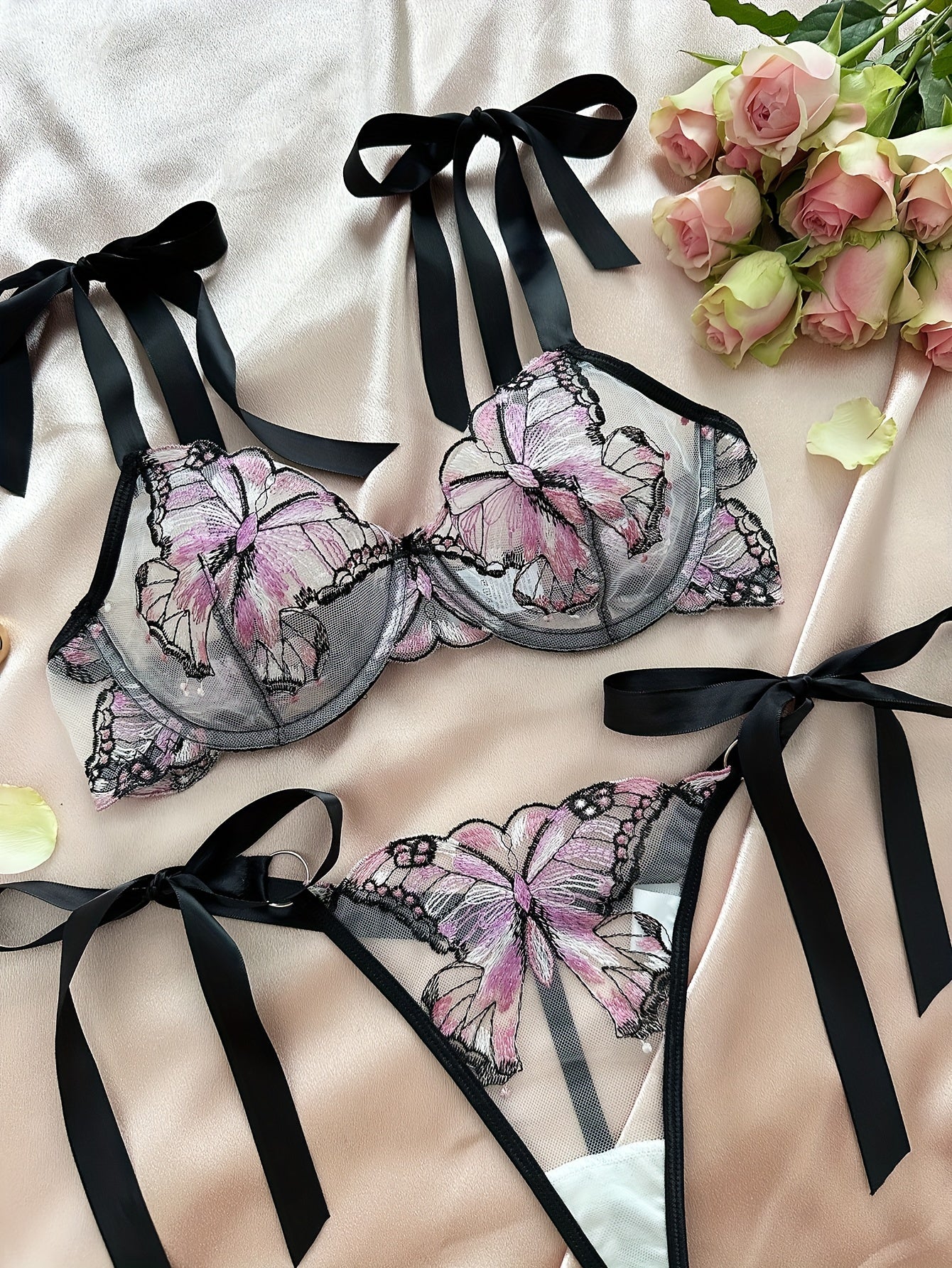 Butterfly Embroidery Lingerie Set - Mesh Bra & Strappy Thong