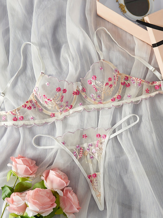 Floral Embroidery Lingerie Set - Unlined Bra & Mesh Thong