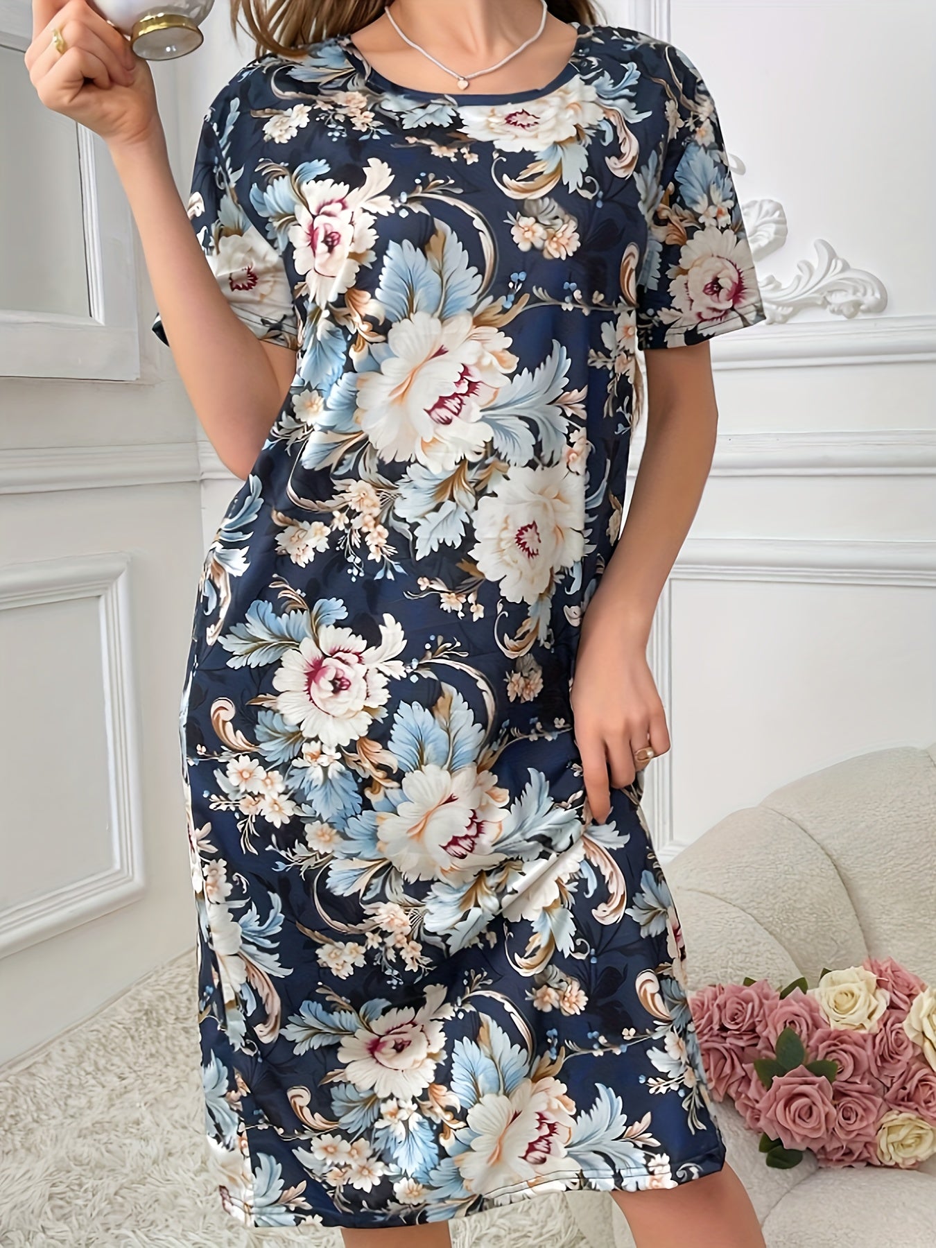 Casual Floral Print Dress, Loose Comfortable Home Wear