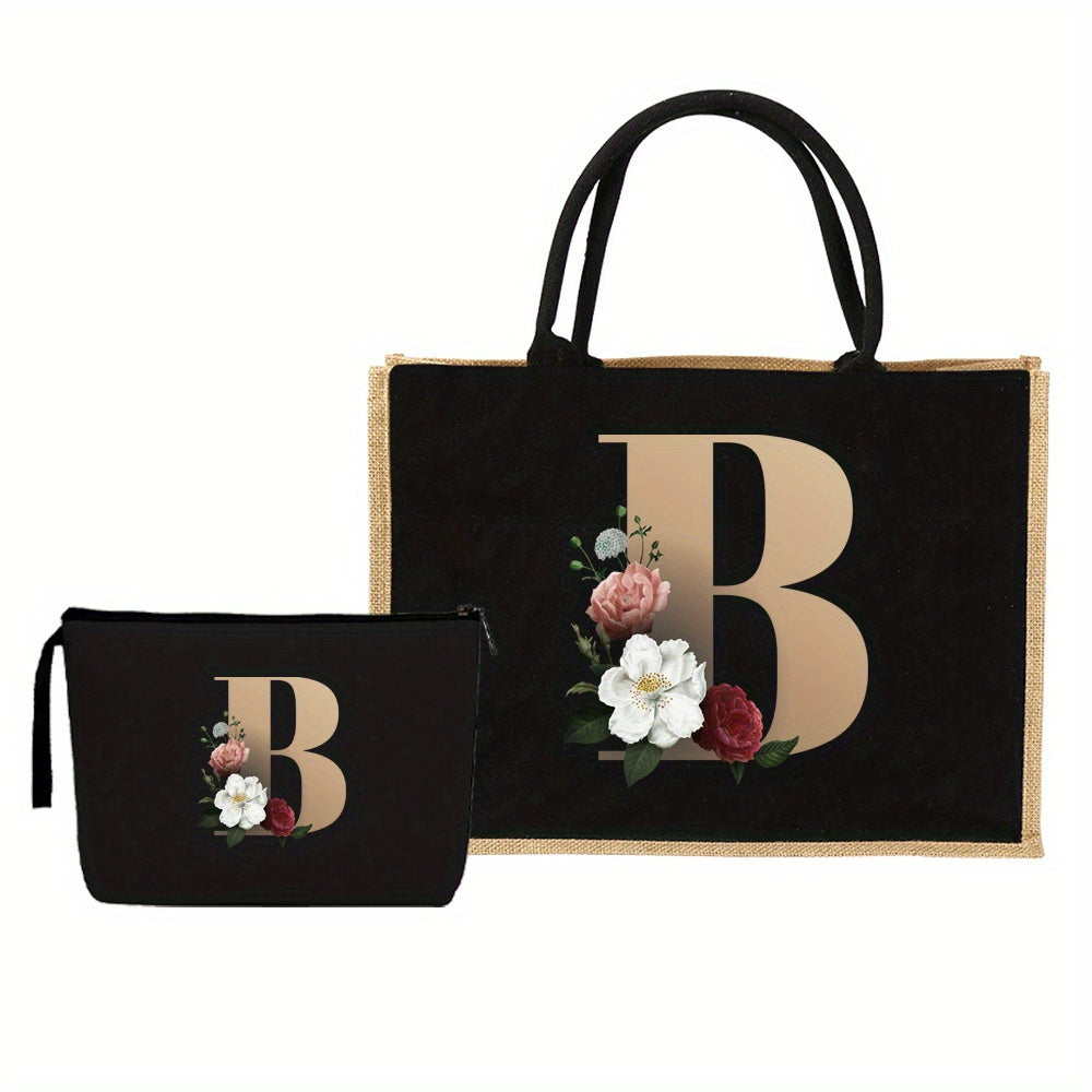 2pcs Floral Letter Print Bag Set, Fashion Tote with Mini Makeup Bag for Gifts