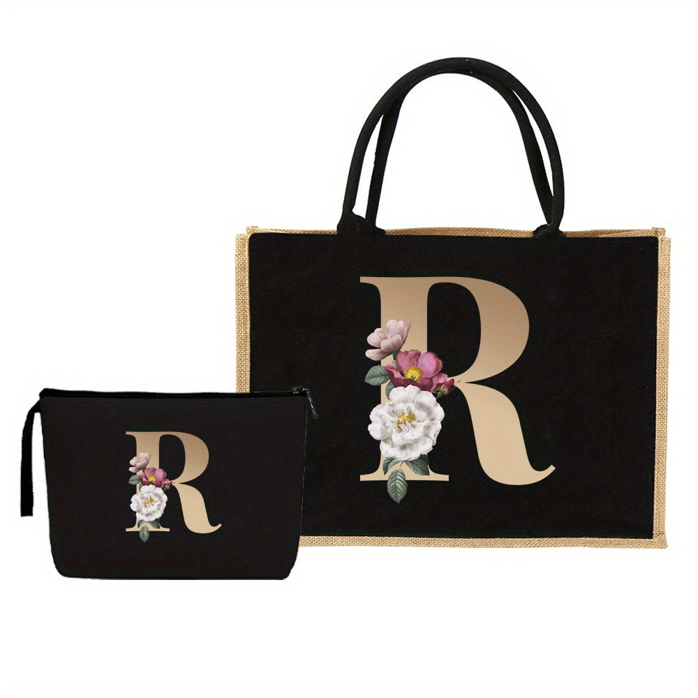 2pcs Floral Letter Print Bag Set, Fashion Tote with Mini Makeup Bag for Gifts