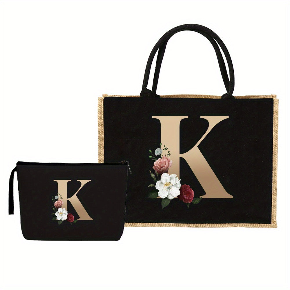 2pcs Floral Letter Print Bag Set, Fashion Tote with Mini Makeup Bag for Gifts