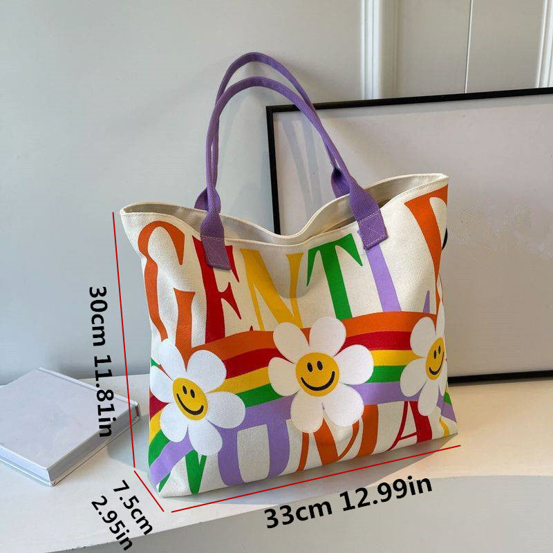 Flower Letter Print Tote Bag, Kawaii Sweet Canvas Handbag, Large Capacity