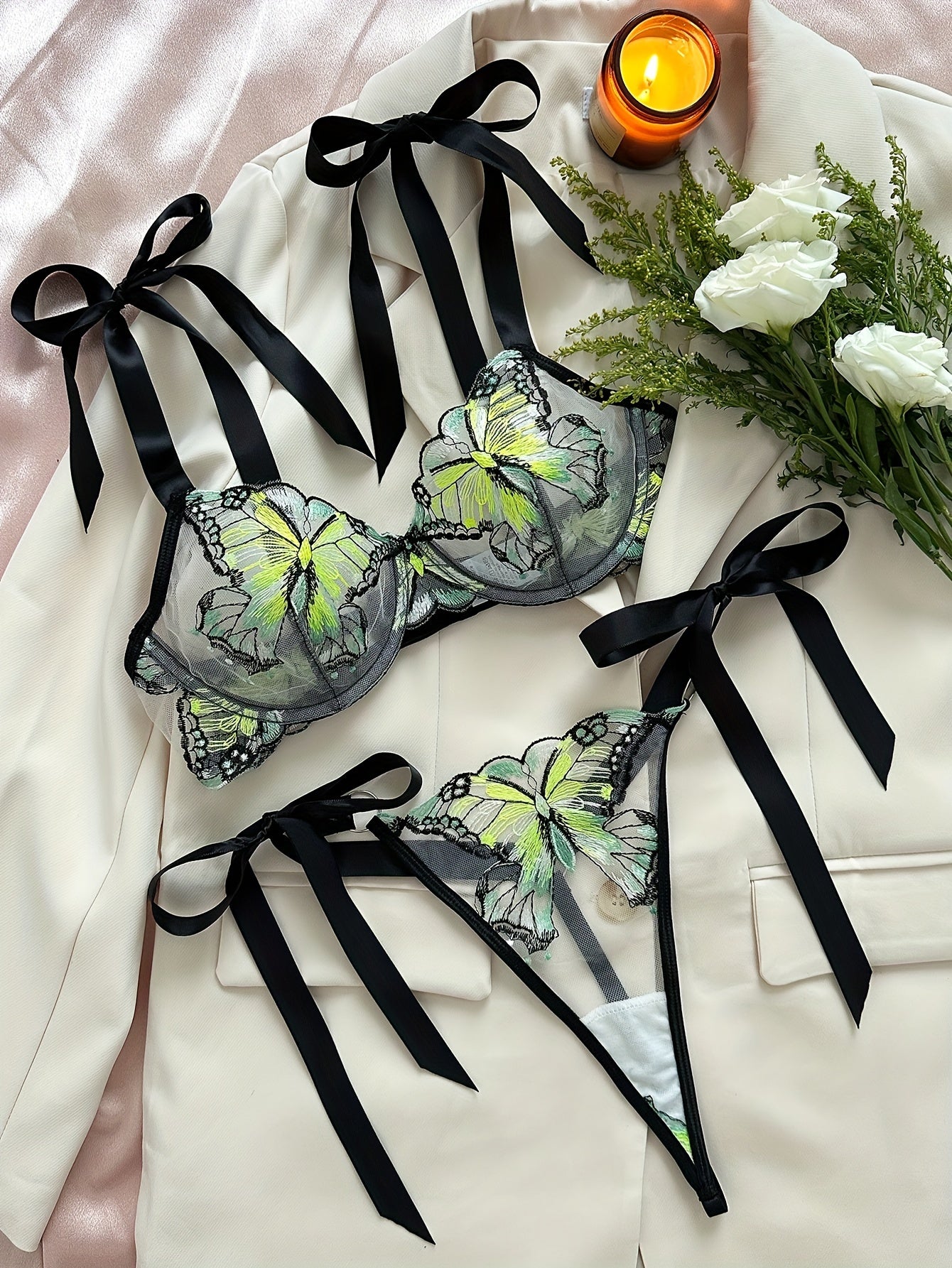 Butterfly Embroidery Lingerie Set - Mesh Bra & Strappy Thong