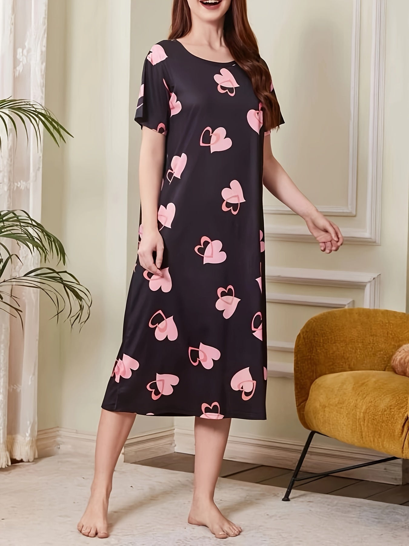 Women's Heart Print Casual Dress, Comfortable Home Wear