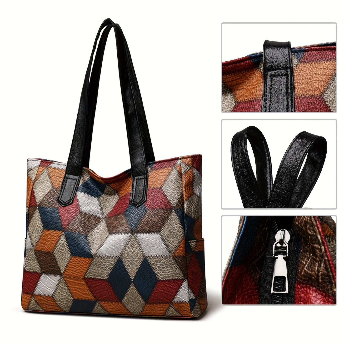 Vintage-Style Women's Tote Bag, Grid Pattern, Adjustable Strap, Zipper Closure