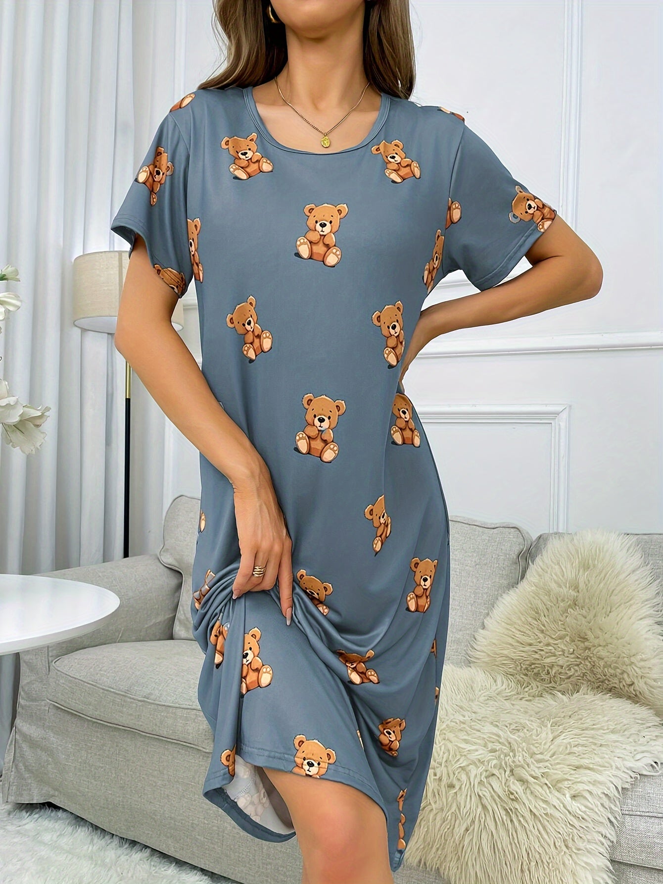 Loose Fit Bear Print Lounge Dress, Comfortable & Short Sleeve