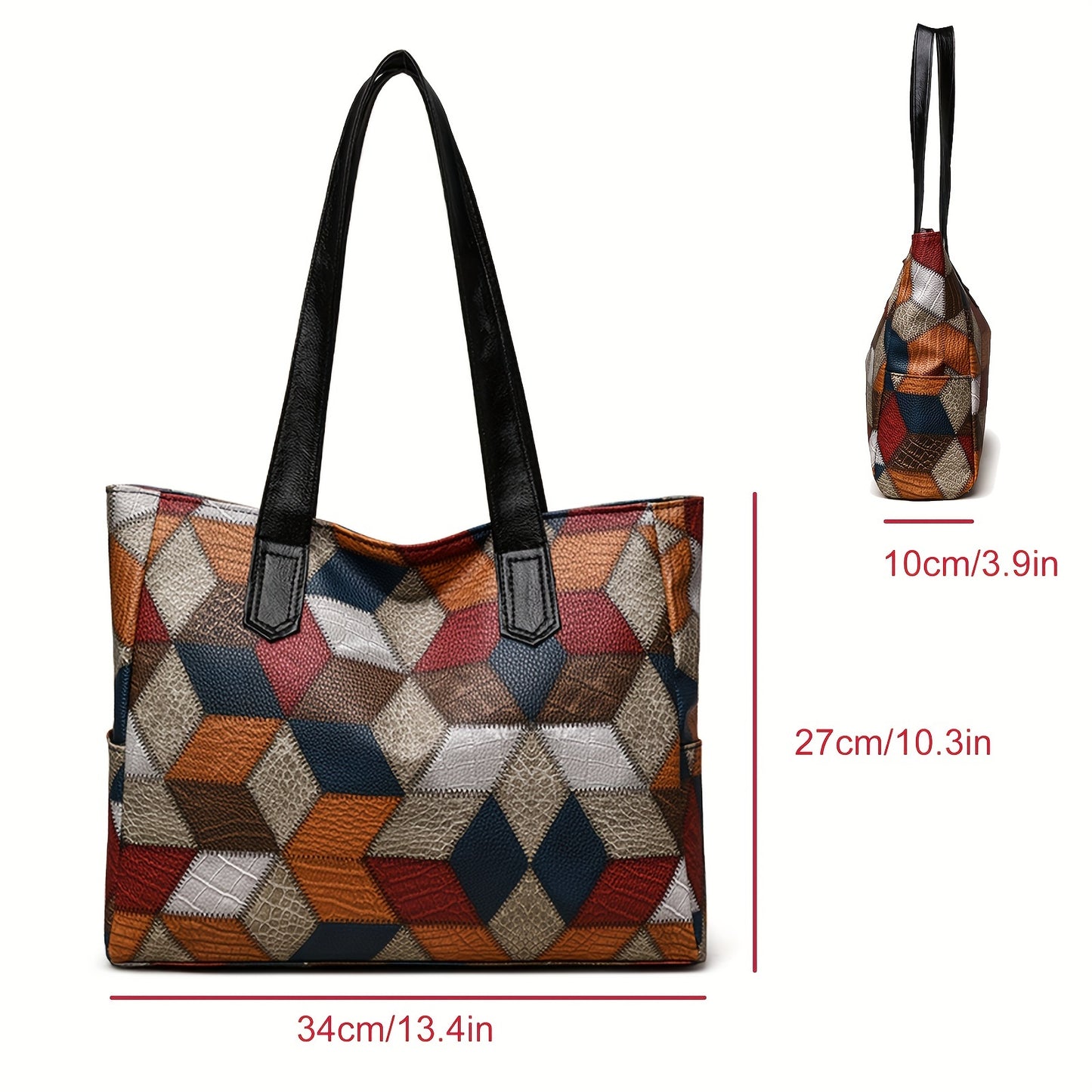 Vintage-Style Women's Tote Bag, Grid Pattern, Adjustable Strap, Zipper Closure