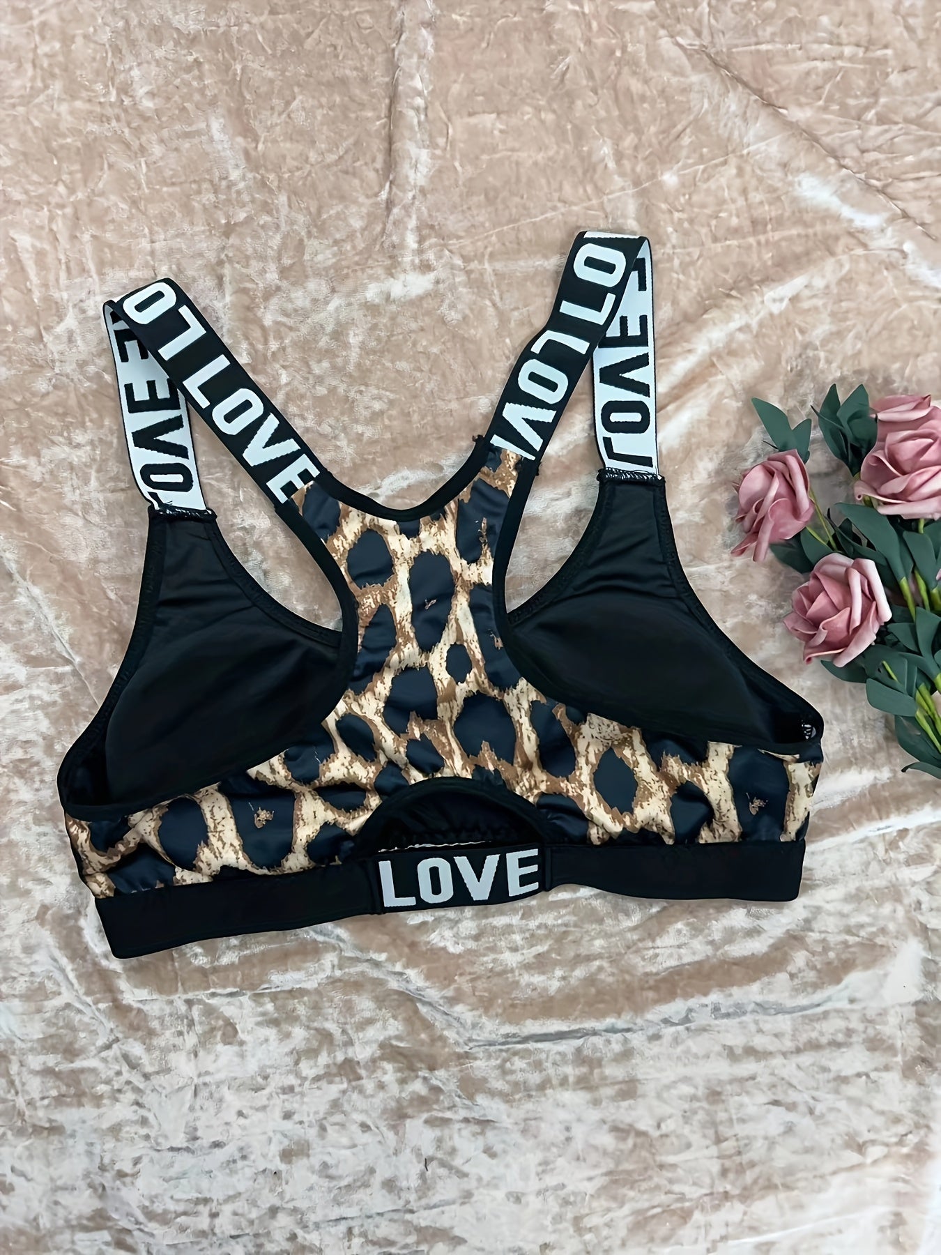 Leopard Print Sports Bra with Letter Tape & Cut-Out Design