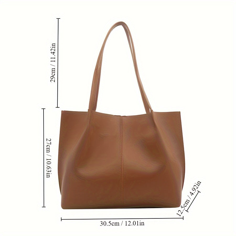 Women's Fashion Tote Bag, Large Capacity Vintage Solid Color PU Shoulder Bag