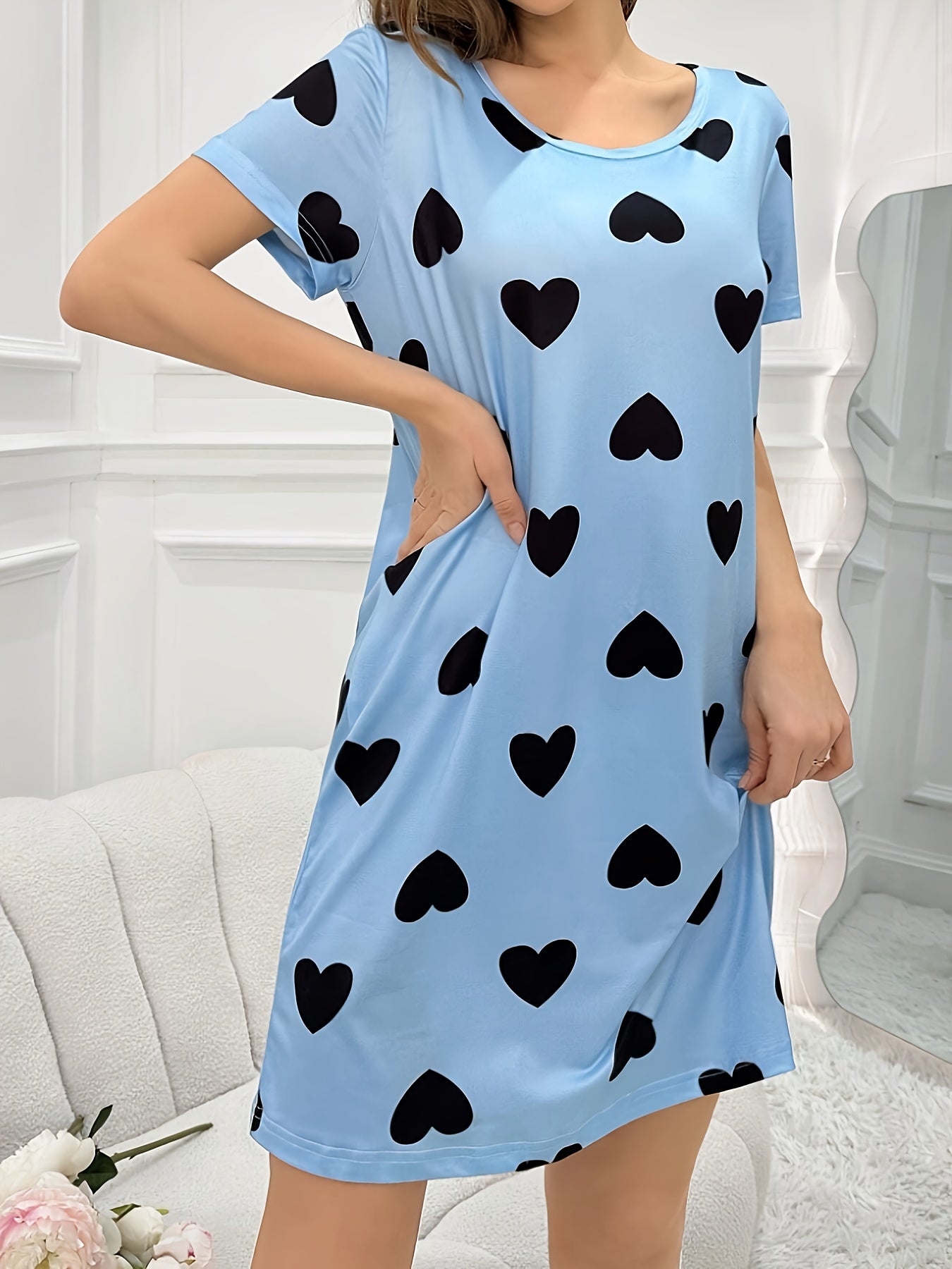 Heart Print Casual Dress, Comfortable Short Sleeve Home Wear