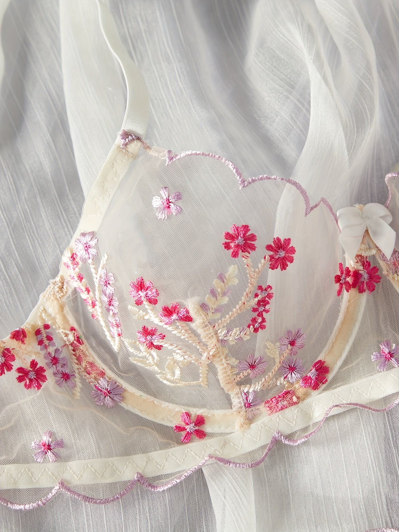 Floral Embroidery Lingerie Set - Unlined Bra & Mesh Thong