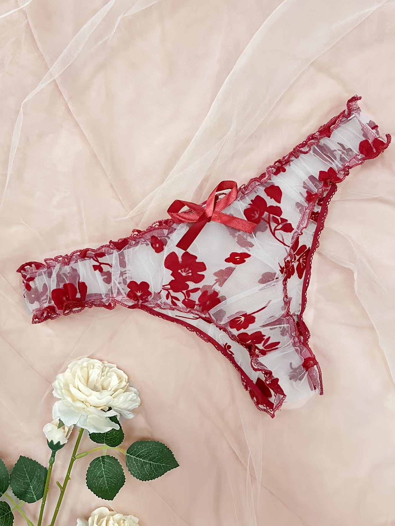 Floral Print Lingerie Set - Sheer Bra & Bow Thong