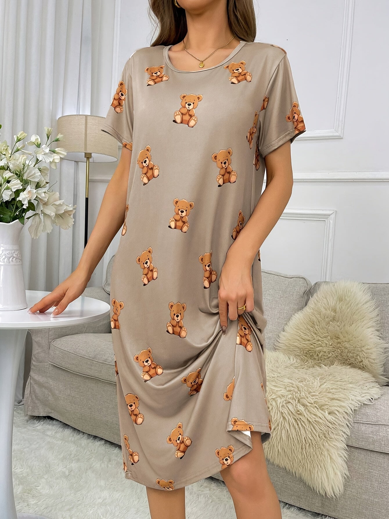 Bear Print Lounge Dress, Short Sleeve & Comfortable