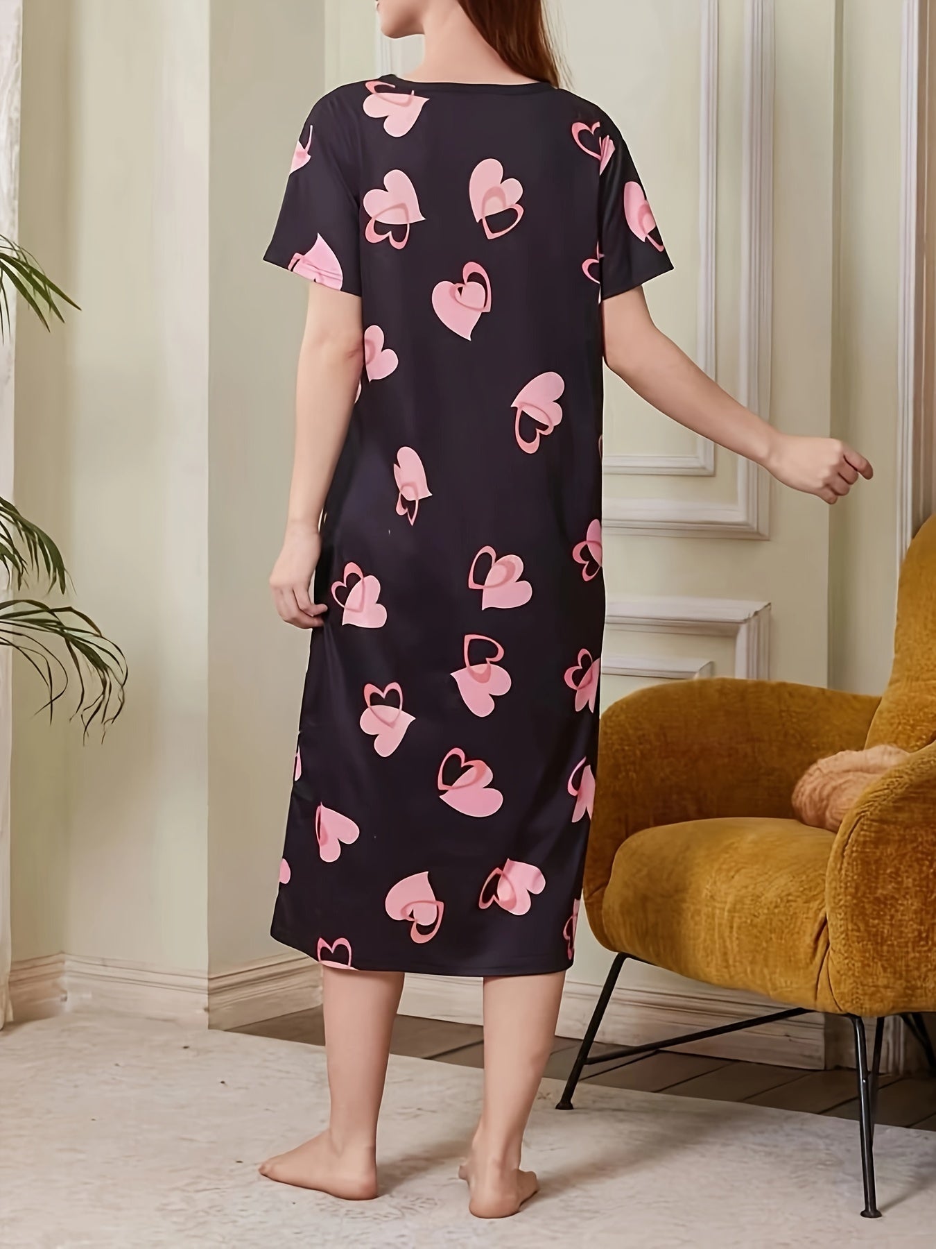 Women's Heart Print Casual Dress, Comfortable Home Wear