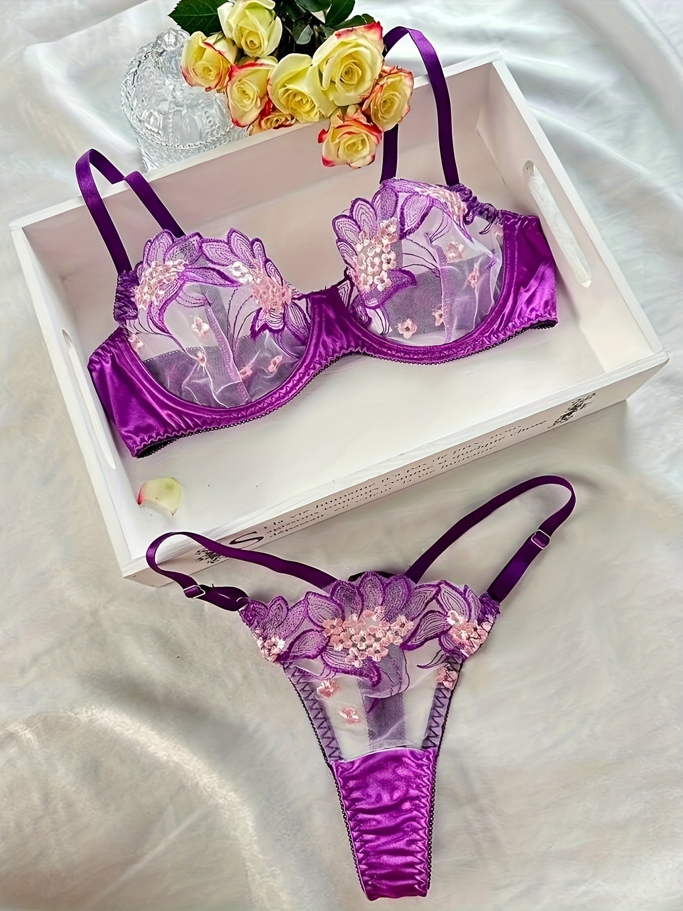 Floral Embroidered Sheer Lingerie Set - Bra & G-strings