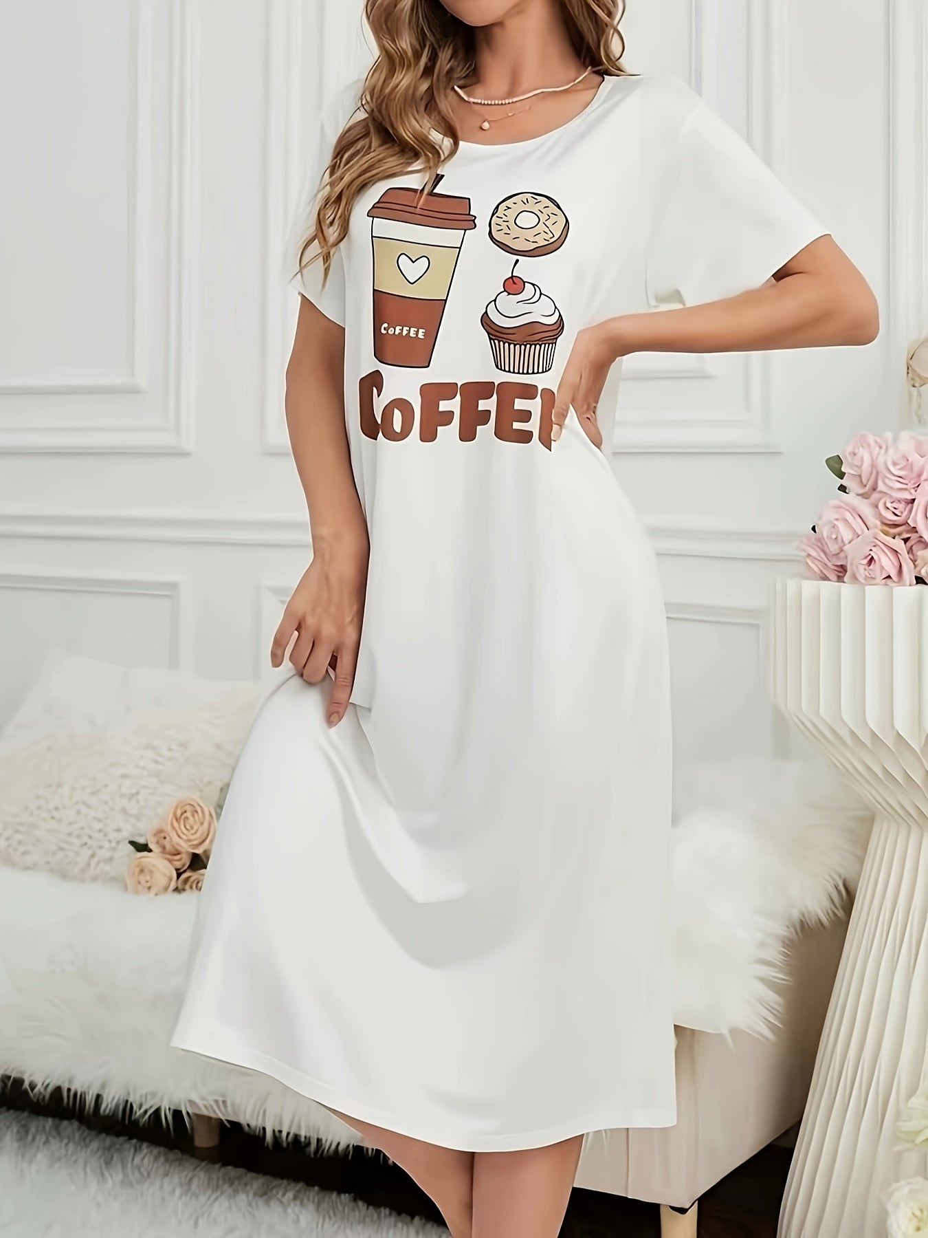 Loose Fit Coffee & Cake Print Lounge Dress, Short Sleeve