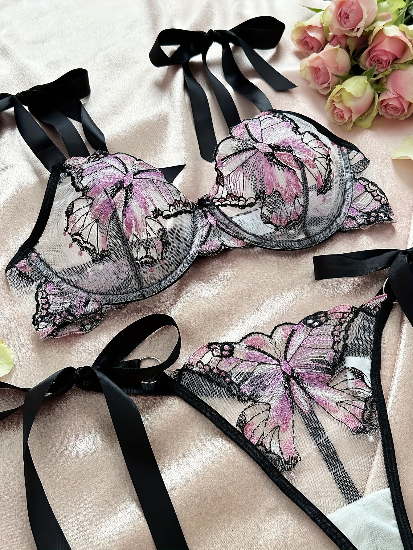 Butterfly Embroidery Lingerie Set - Mesh Bra & Strappy Thong