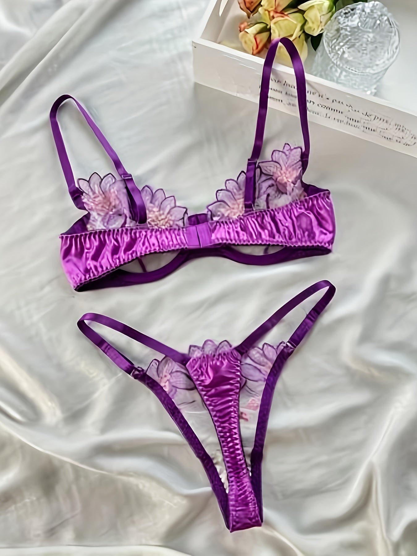 Floral Embroidered Sheer Lingerie Set - Bra & G-strings