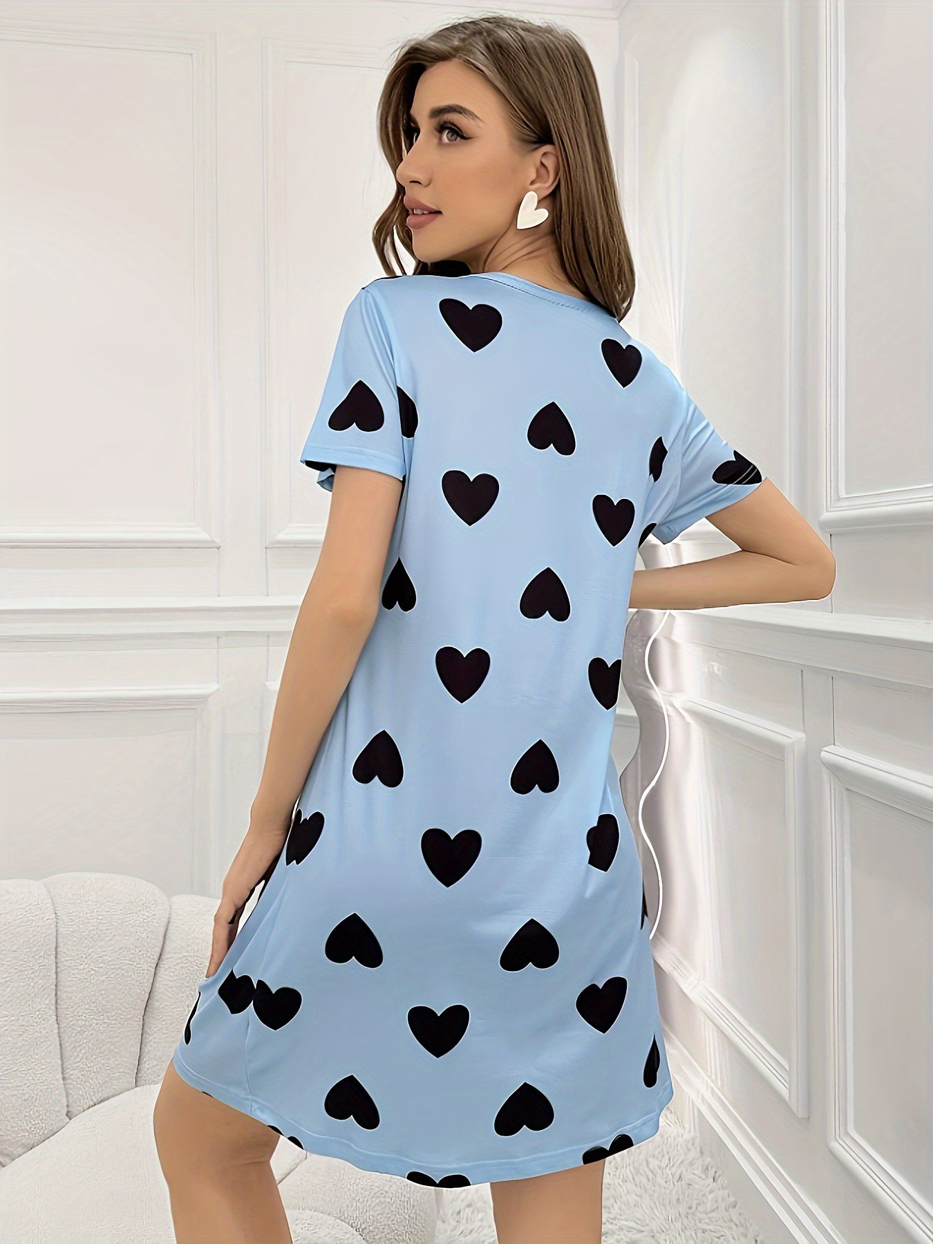 Heart Print Casual Dress, Comfortable Short Sleeve Home Wear