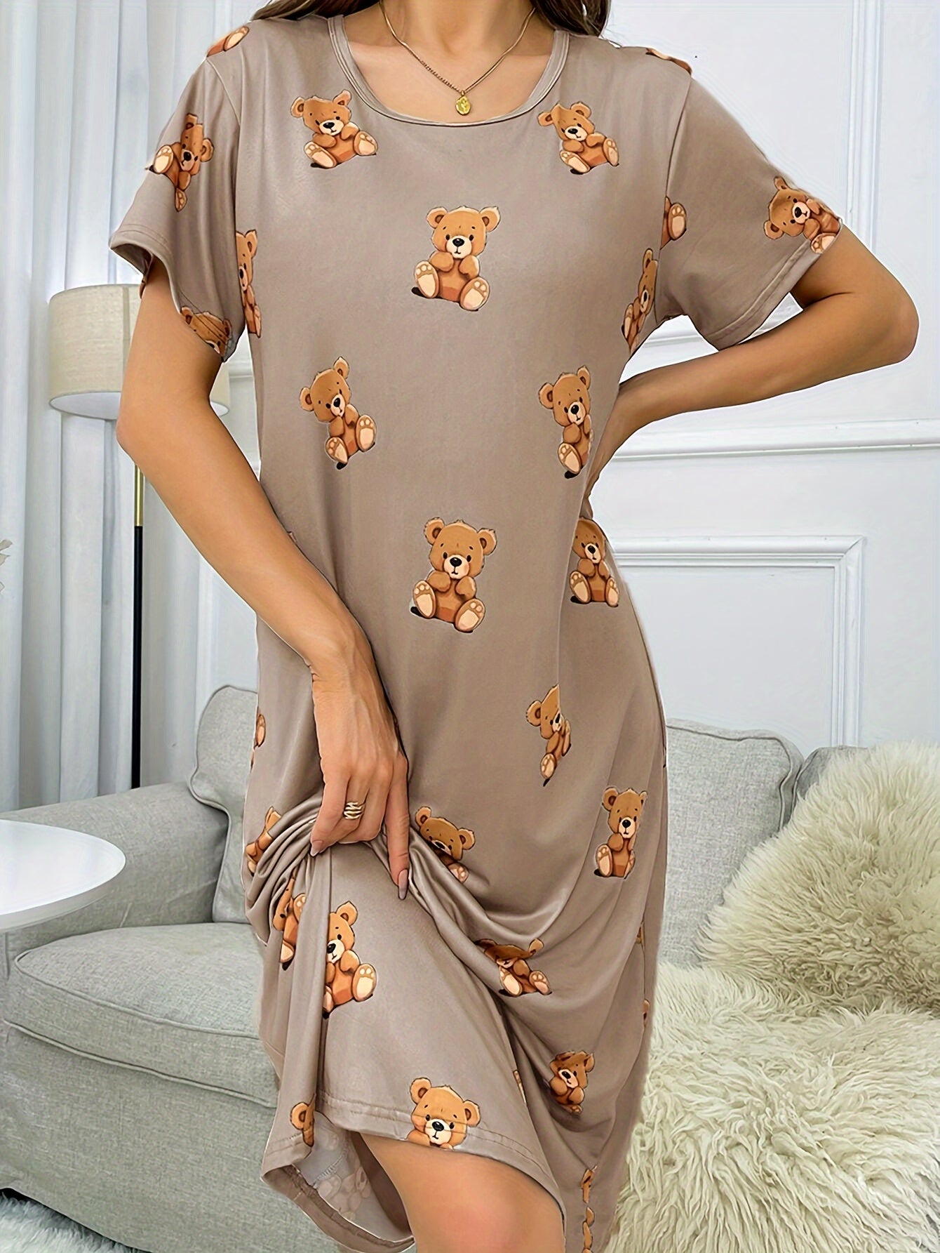 Loose Fit Bear Print Lounge Dress, Comfortable & Short Sleeve