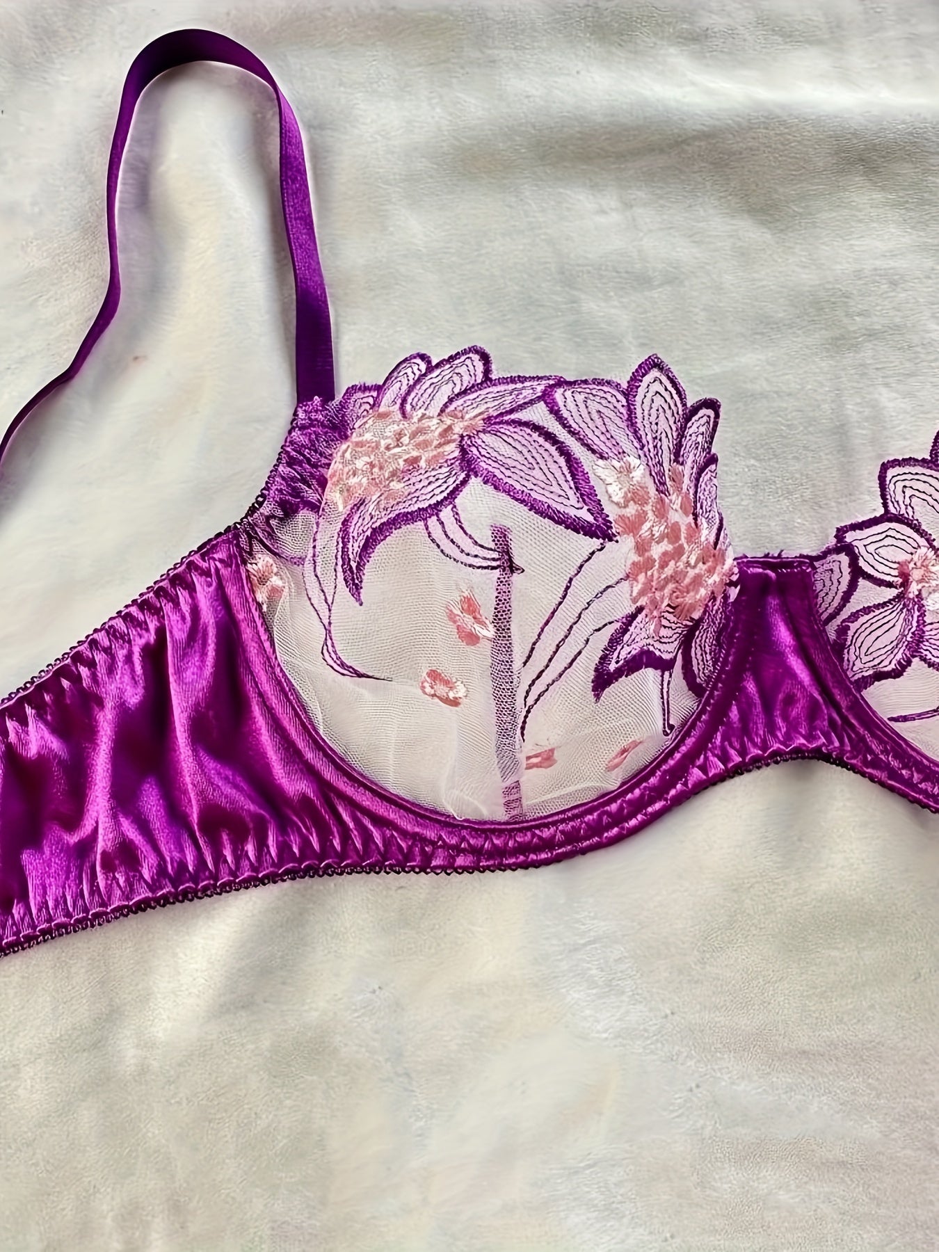 Floral Embroidered Sheer Lingerie Set - Bra & G-strings