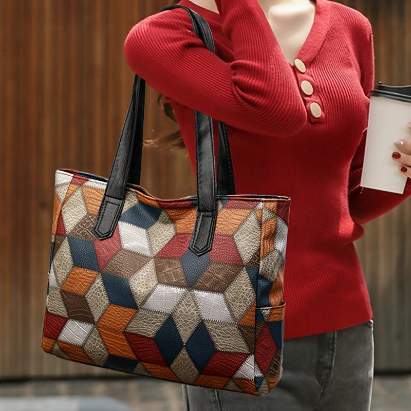 Vintage-Style Women's Tote Bag, Grid Pattern, Adjustable Strap, Zipper Closure