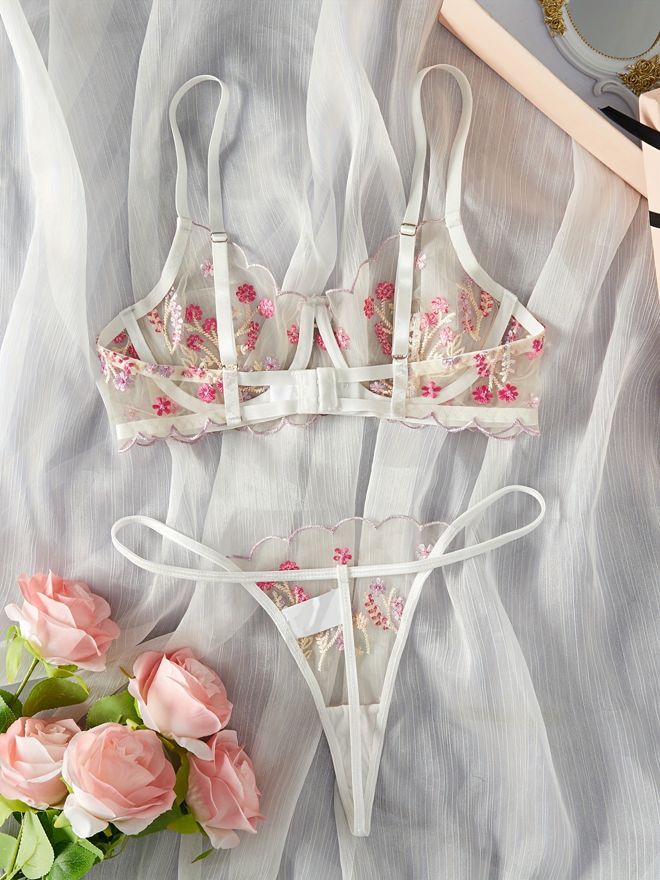 Floral Embroidery Lingerie Set - Unlined Bra & Mesh Thong