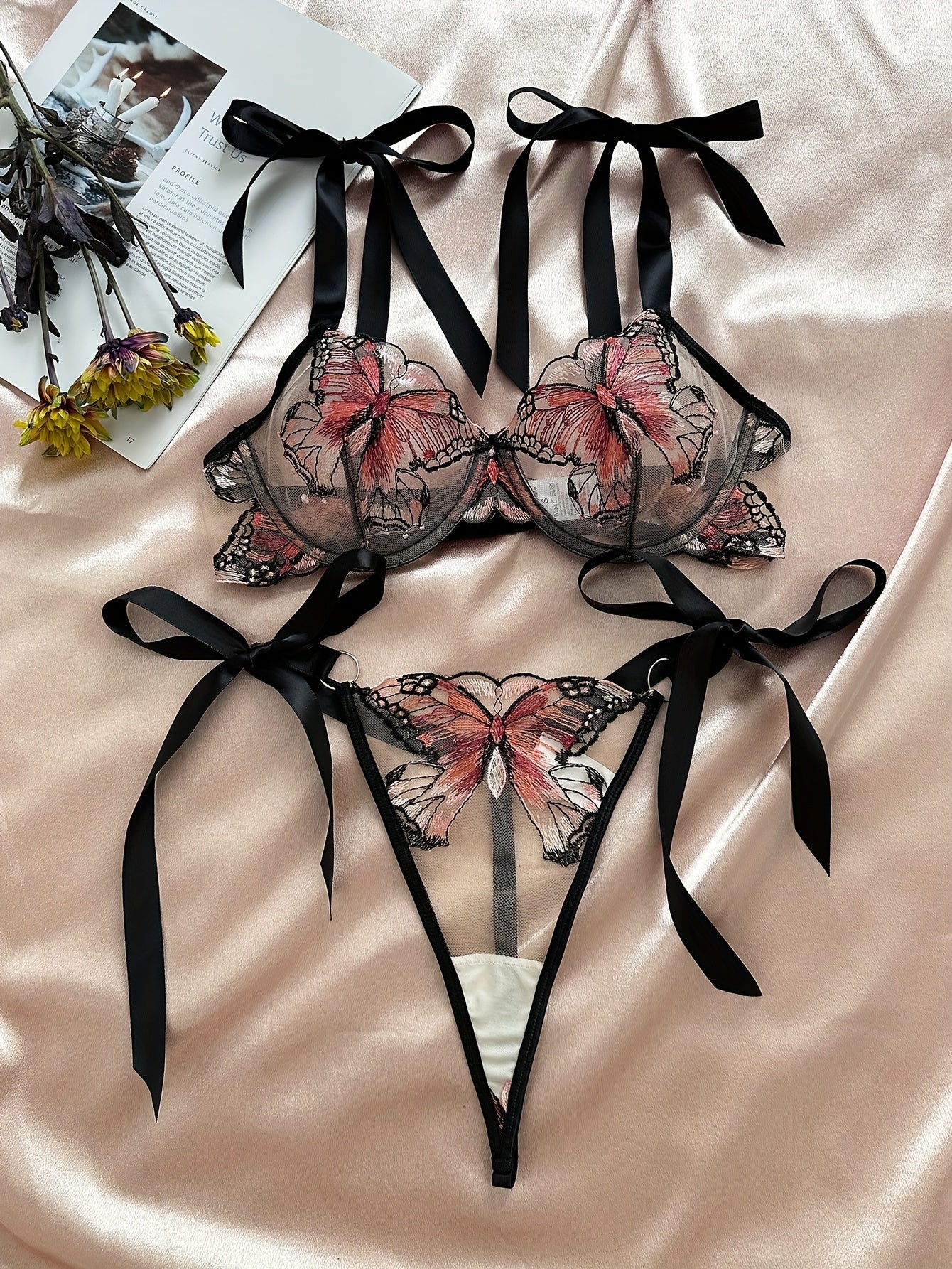 Butterfly Embroidery Lingerie Set - Mesh Bra & Strappy Thong