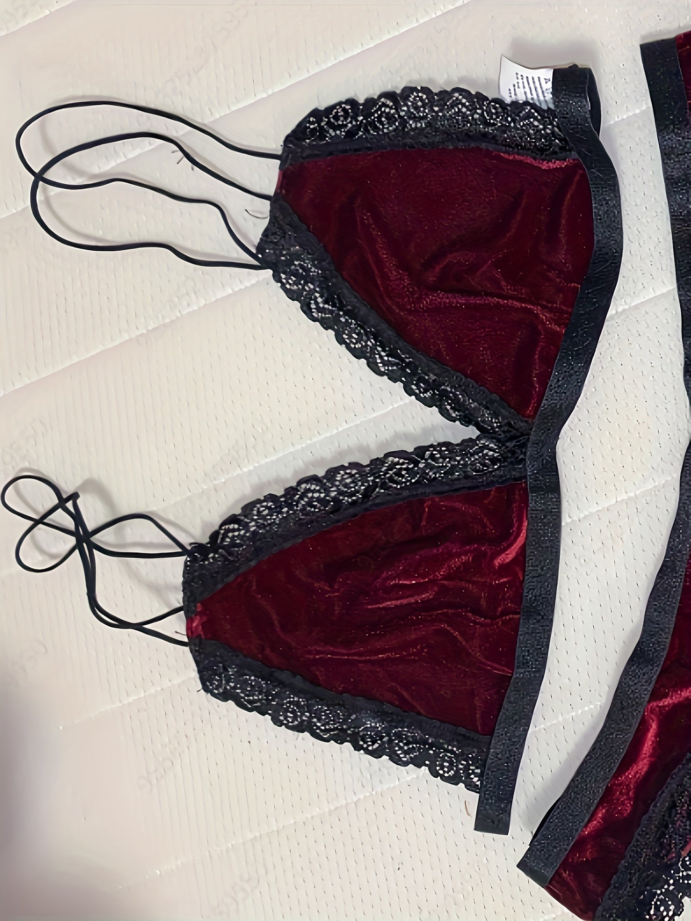 Velvet Lingerie Set with Double Straps Bra & Lace Panties