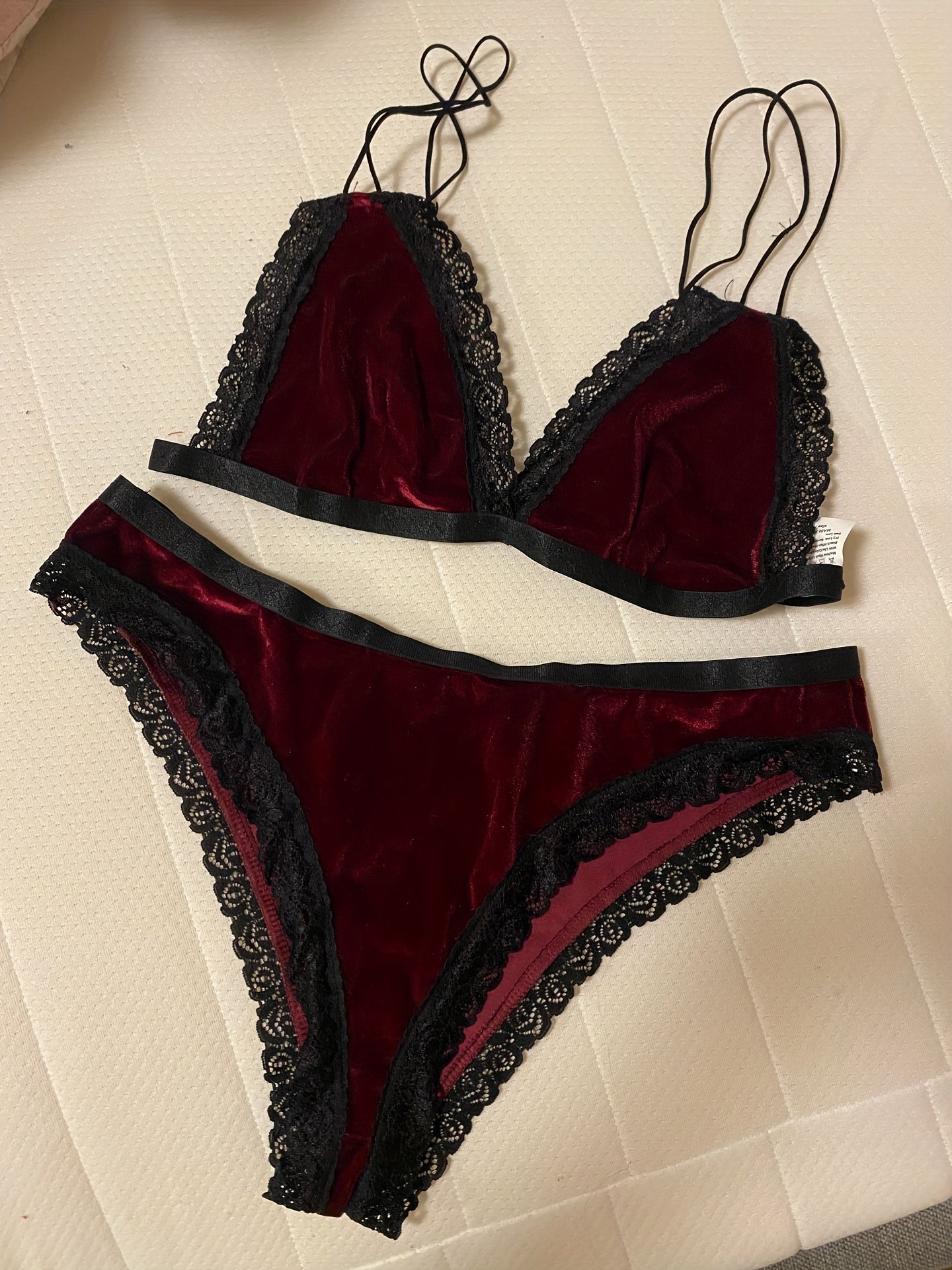 Velvet Lingerie Set with Double Straps Bra & Lace Panties