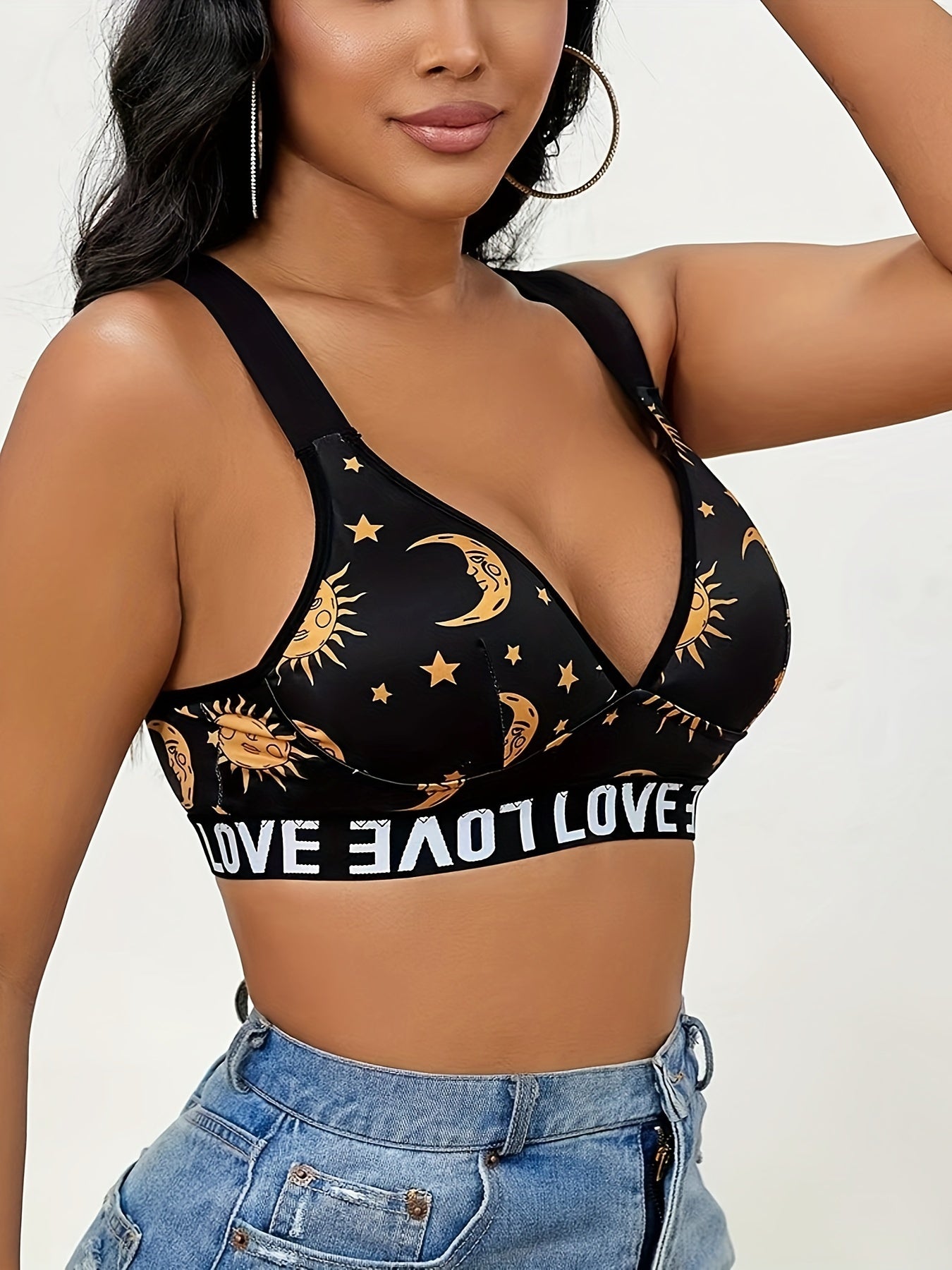 Women's Sports Bra with Celestial Print, "LOVE" Band, Supportive Fabric