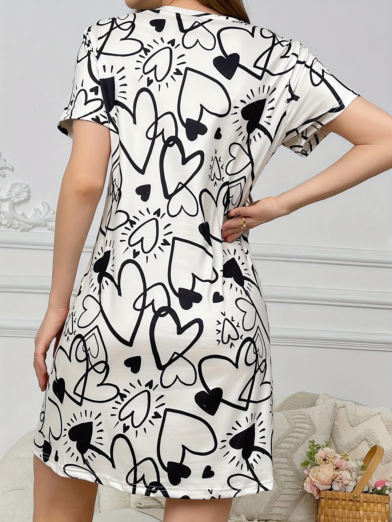 Casual Heart Print Dress, Comfortable Short Sleeve Home Wear