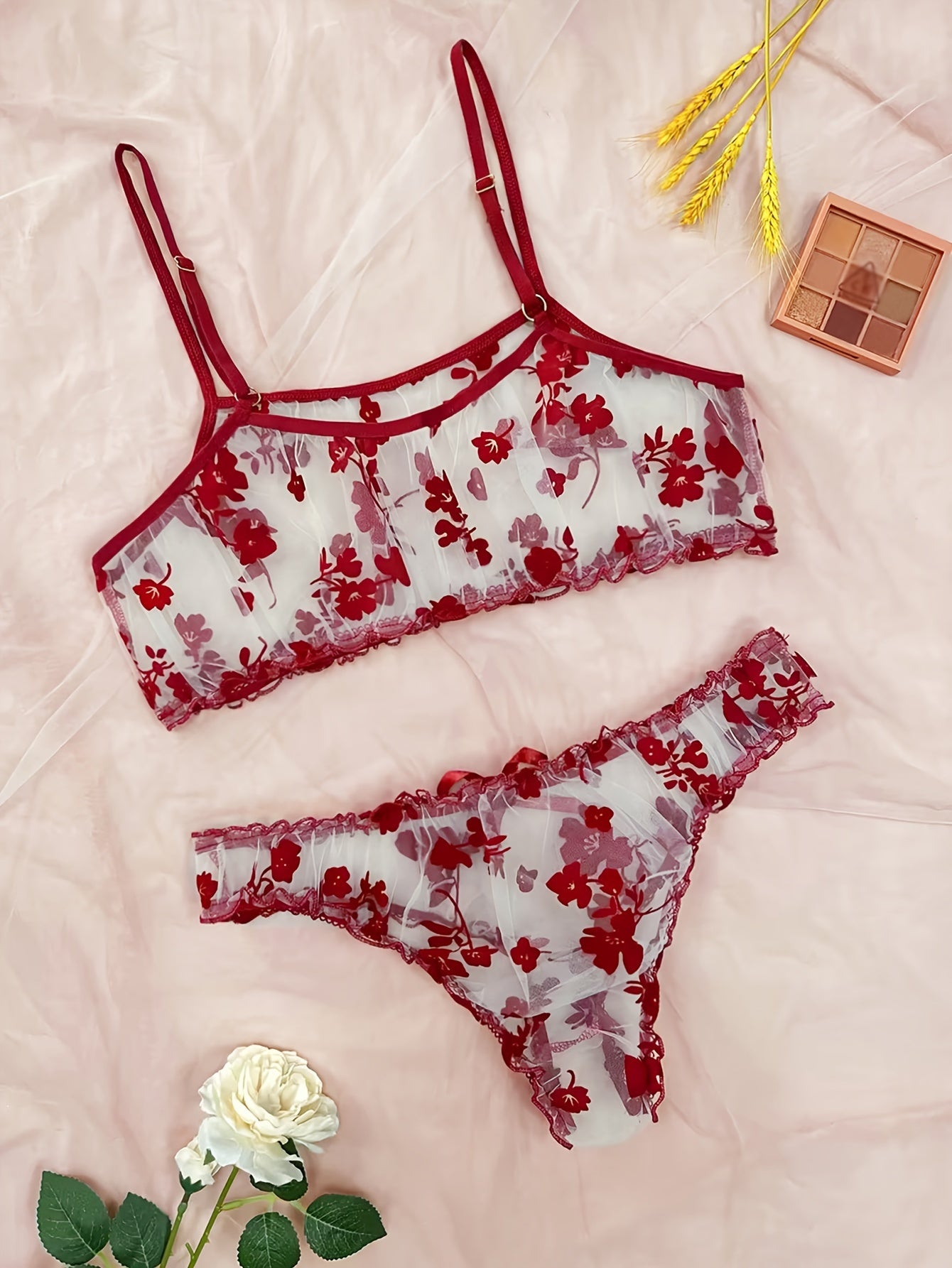 Floral Print Lingerie Set - Sheer Bra & Bow Thong