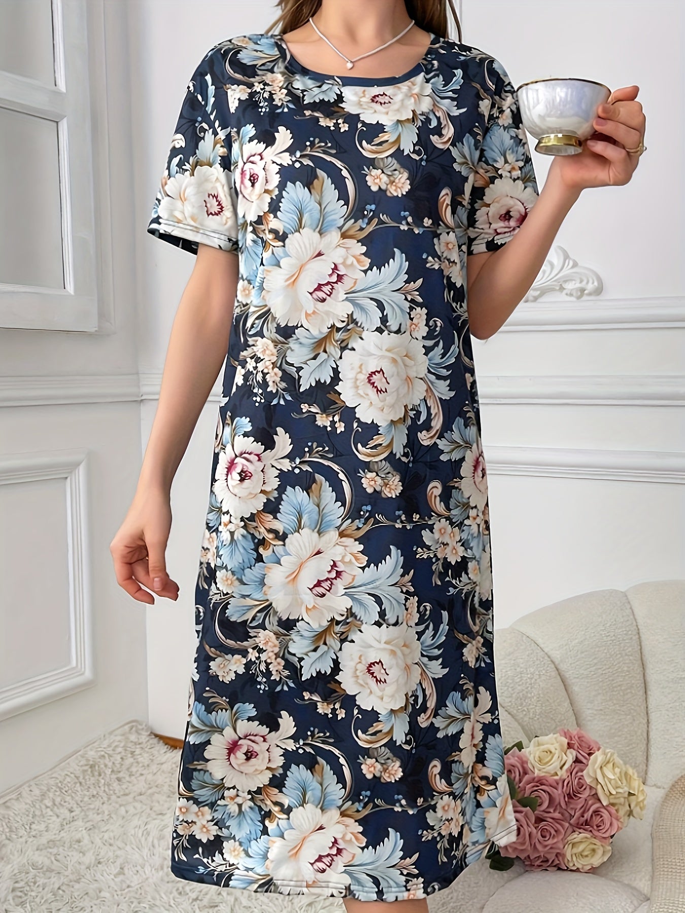 Casual Floral Print Dress, Loose Comfortable Home Wear