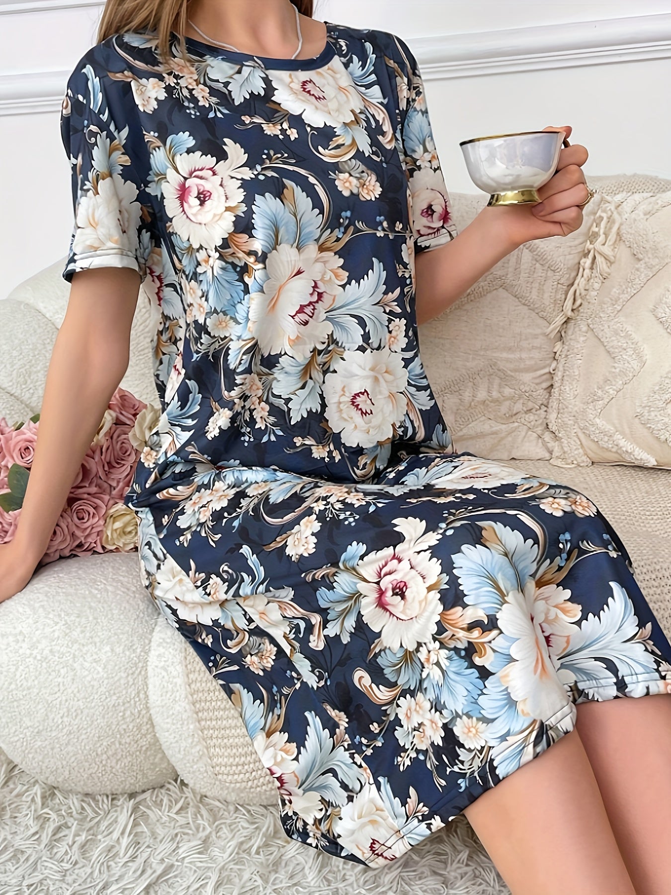 Casual Floral Print Dress, Loose Comfortable Home Wear