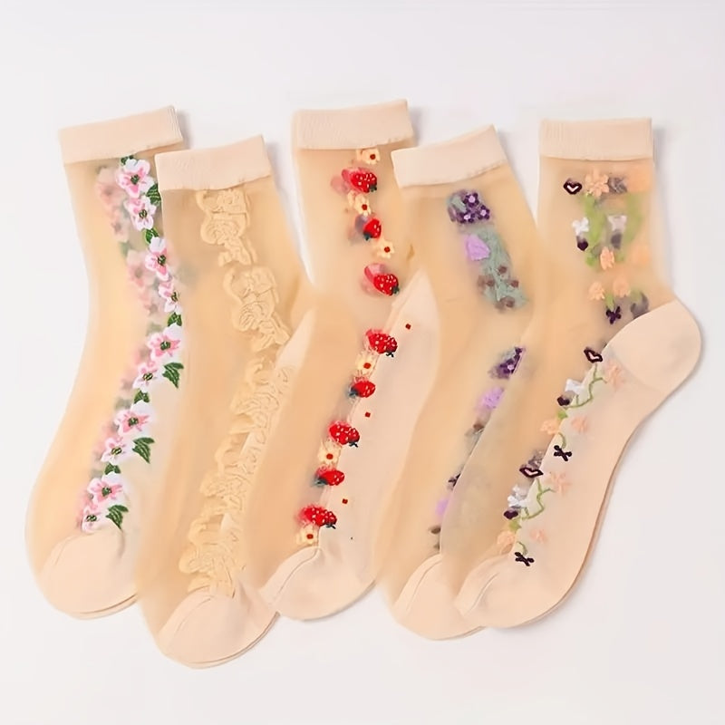 Floral Jacquard Women's Socks, Breathable Mesh Socks - 5 Pairs