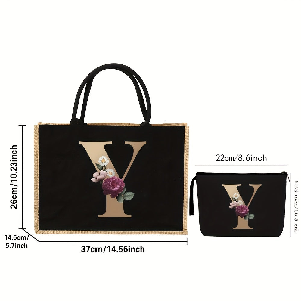 2pcs Floral Letter Print Bag Set, Fashion Tote with Mini Makeup Bag for Gifts