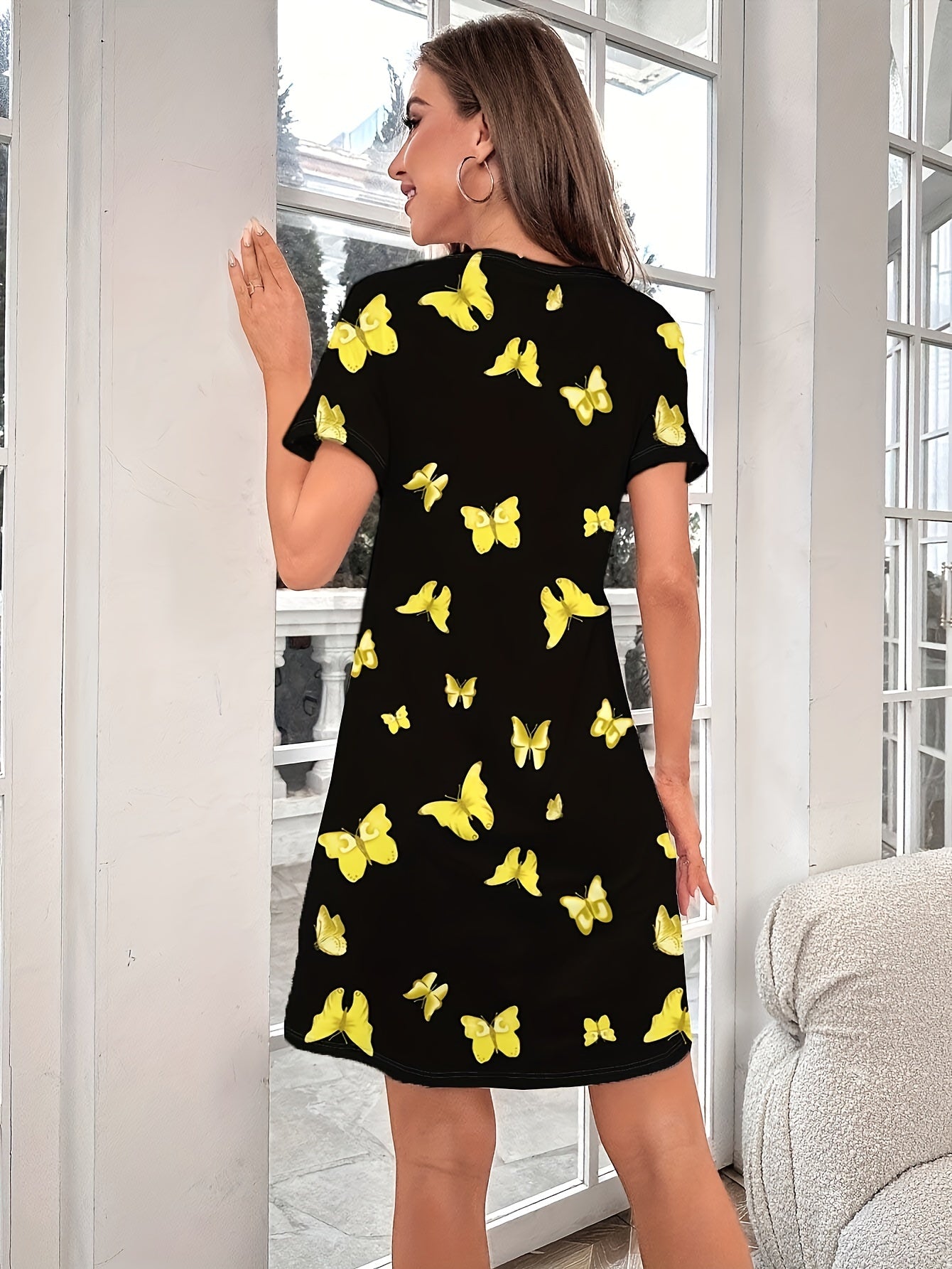 Butterfly Print Lounge Dress, Comfortable & Short Sleeve