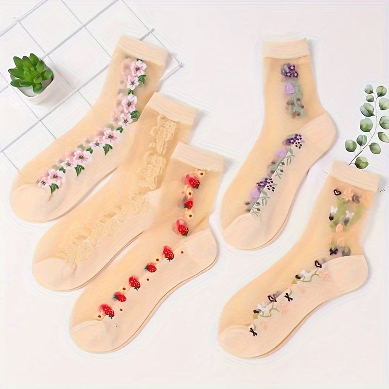 Floral Jacquard Women's Socks, Breathable Mesh Socks - 5 Pairs