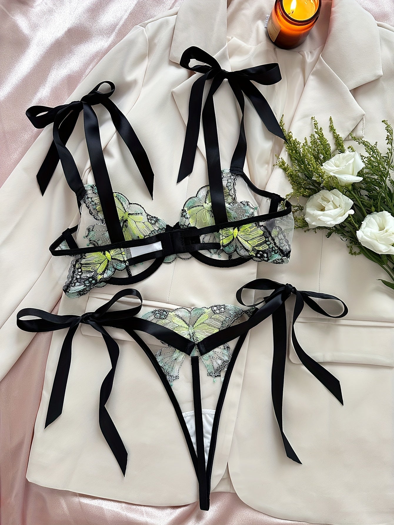 Butterfly Embroidery Lingerie Set - Mesh Bra & Strappy Thong