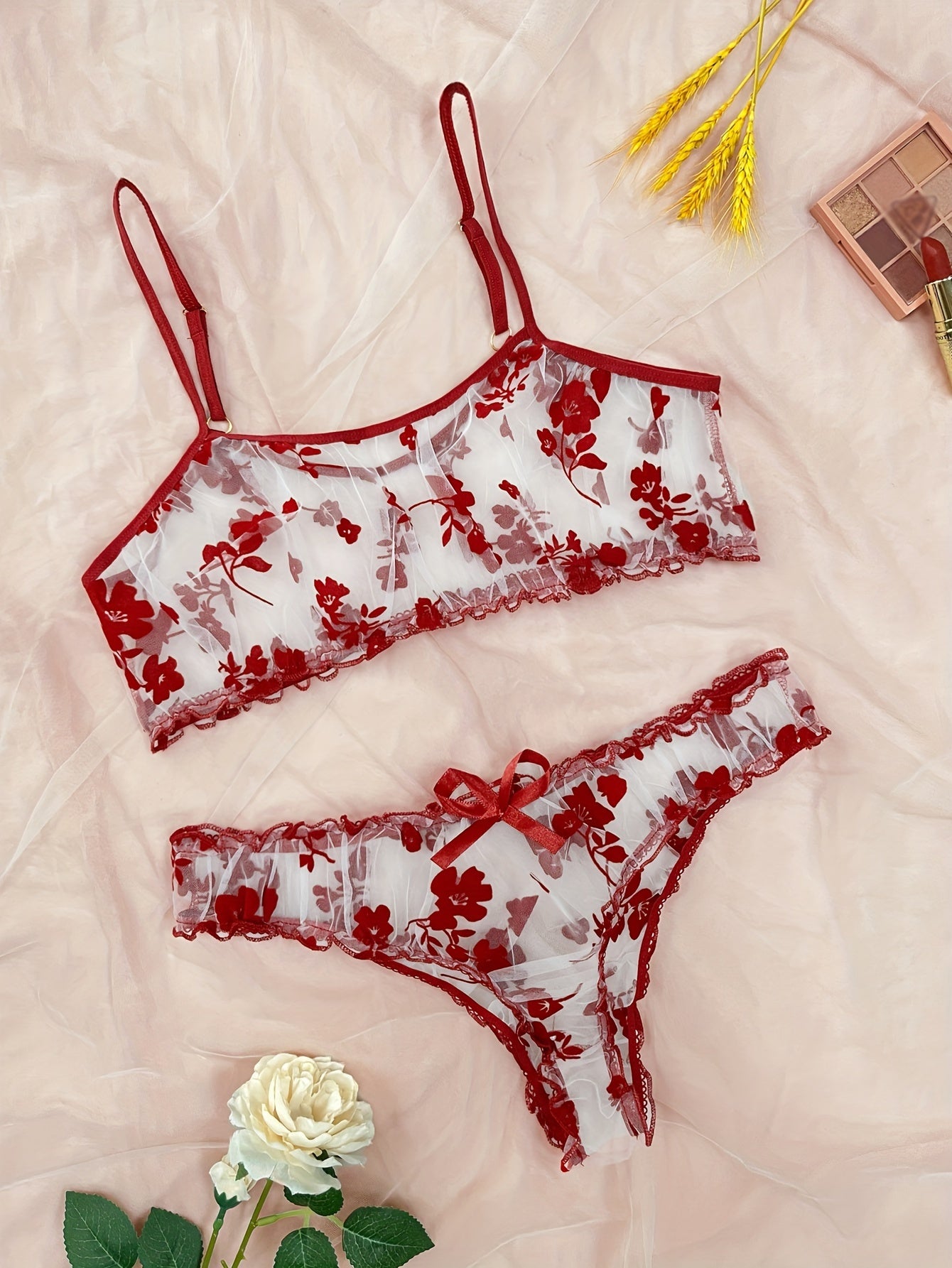 Floral Print Lingerie Set - Sheer Bra & Bow Thong