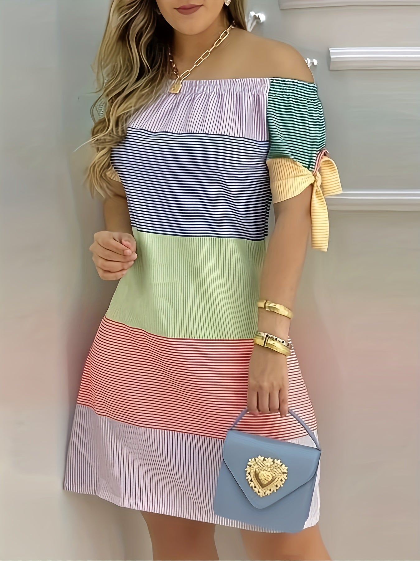 Off-shoulder Striped Dress - Casual Knot Sleeve for Spring/Summer