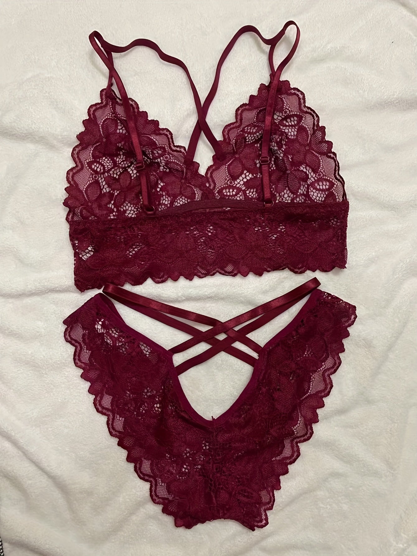 Floral Lace Lingerie Set with Criss Cross Bra & Mesh Panties